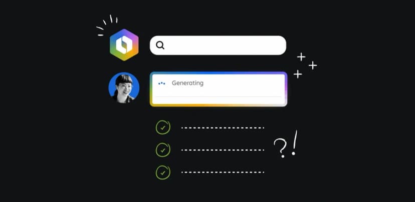 AI-powered search interface generating results, with user avatar, checkmarks, and query progress visuals on a dark background.