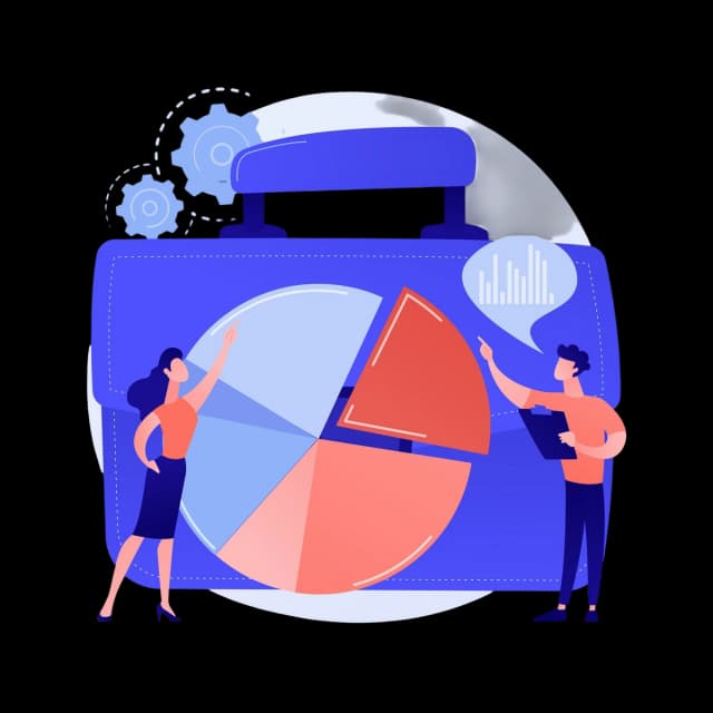 Two people analyzing pie chart data in front of a large briefcase, symbolizing business strategy and financial analytics.