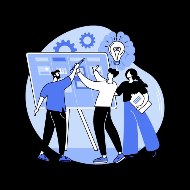 Team brainstorming around a digital board with gears and a lightbulb, representing teamwork and innovation.