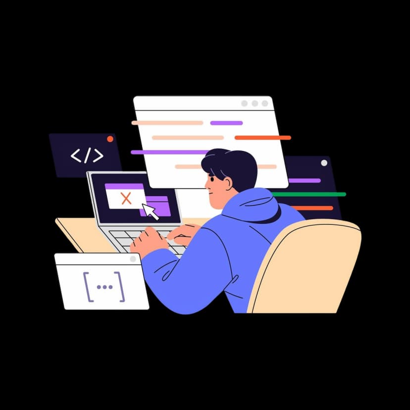 Illustration of developer debugging code with multiple programming windows open.