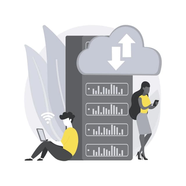 Two people working with cloud data near a server stack, symbolizing cloud computing and data synchronization.