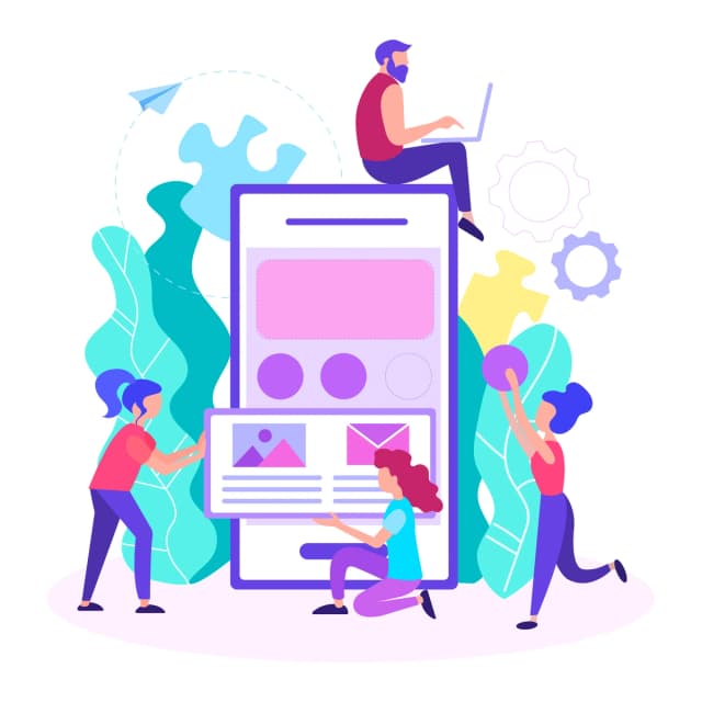 A colorful illustration of a team working together on a mobile application development, with characters engaging in different activities such as coding on a laptop and designing interfaces, representing collaboration, technology, and innovation.