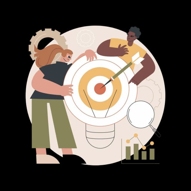 Two professionals aligning on a target goal with data charts representing business intelligence and strategy.