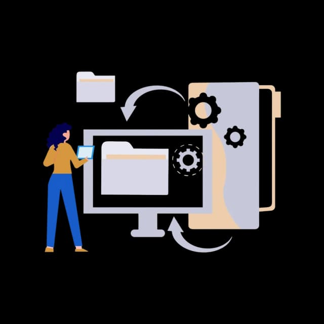 A developer with tablet viewing computer screen with folder and gear icons, representing system settings.