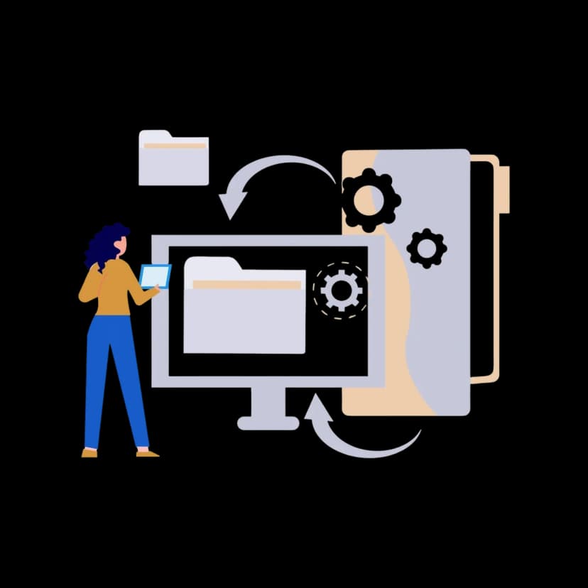 A developer with tablet viewing computer screen with folder and gear icons, representing system settings.