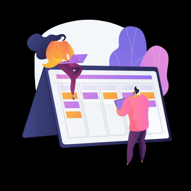 A stylized digital illustration of two people interacting with a large task board, representing project management.