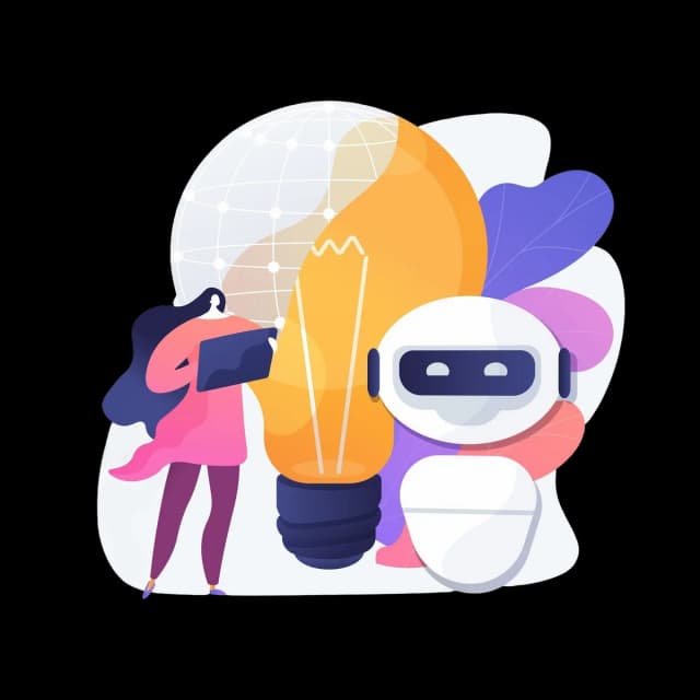 Woman collaborating with AI robot and large light bulb symbolizing innovation and artificial intelligence.