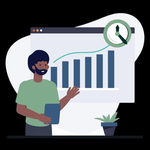 Illustration of a person presenting a rising bar chart with a clock icon, symbolizing time-efficient business growth and analytics.