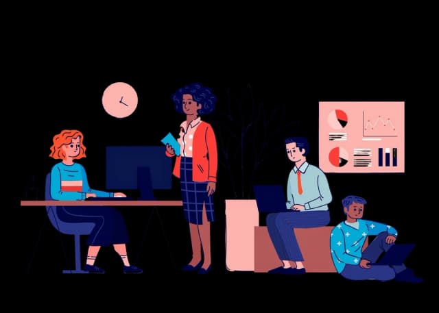 Illustration of a team reviewing dashboards and collaborating with shared data, representing transparent progress tracking.