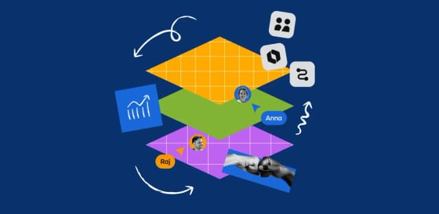 Layered collaboration graphic with user icons, data tools, Anna and Raj, chart, and fist bump on dark blue background.