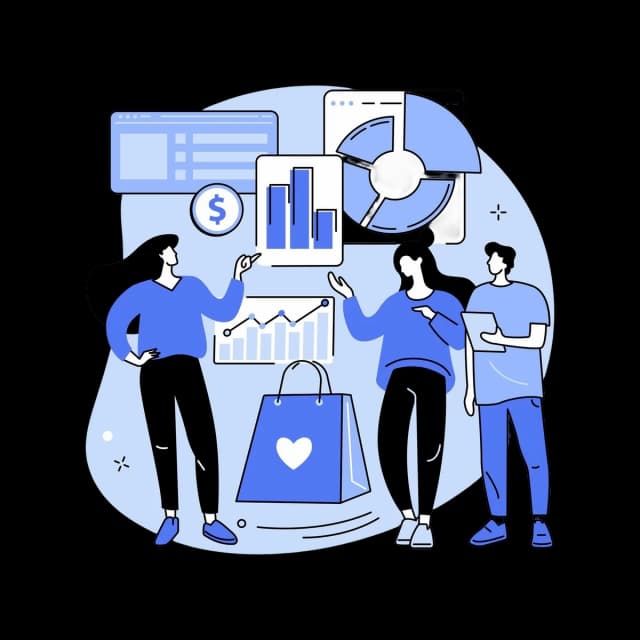 Team analyzing business data and charts to improve marketplace revenue performance.