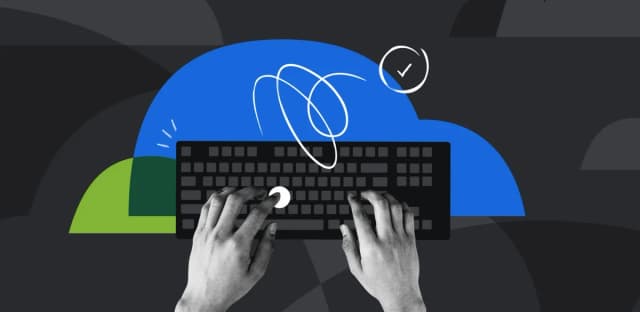 Hands typing on keyboard with blue and green abstract background symbolizing cloud development.