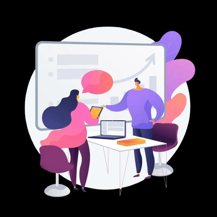 Two team members discussing charts and project progress in front of a large whiteboard.