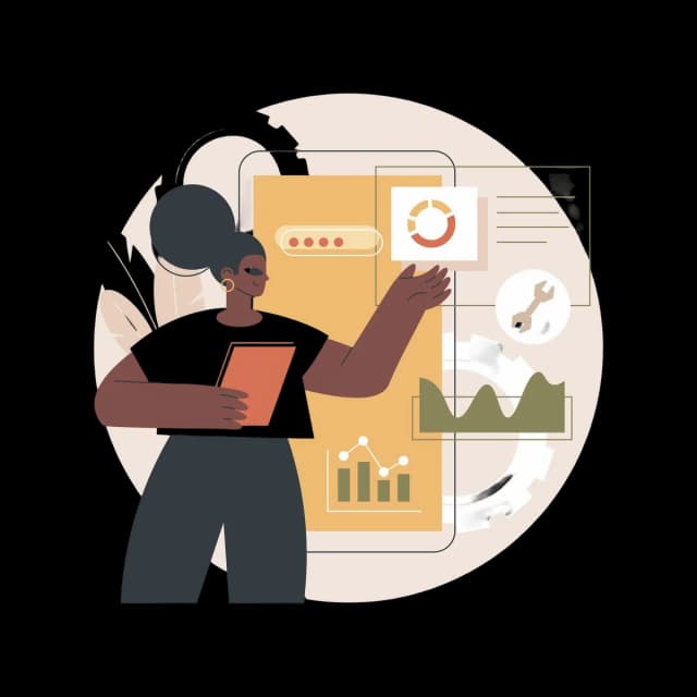 An illustration of a person presenting analytics dashboard on digital tablet, representing data visualization and productivity.