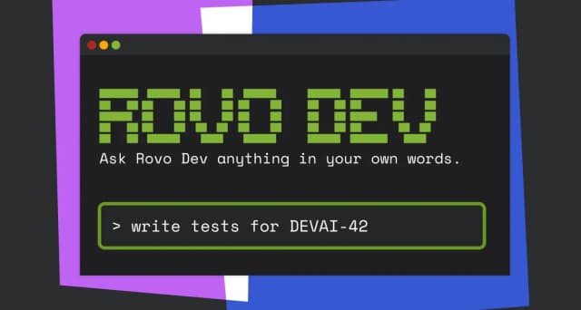 Graphic showing the text "ROVO DEV" with a prompt to write tests for a specific code task.