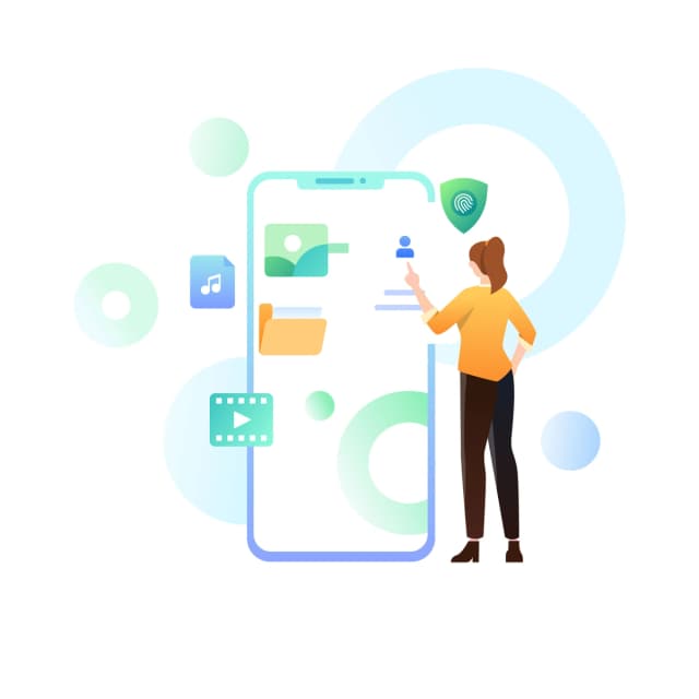 A vector illustration of a woman interacting with a large smartphone, surrounded by app icons and multimedia symbols, depicting user engagement with mobile technology.