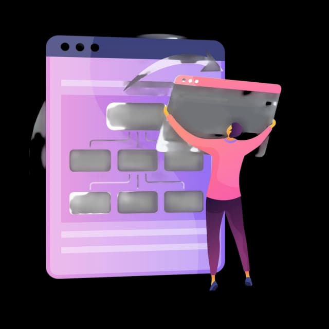 Person organizing a large user interface with connected workflow boxes