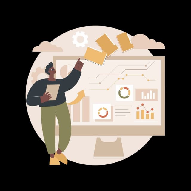 Person pointing at a large digital dashboard with charts, graphs, and folders representing data analysis and workflow management.