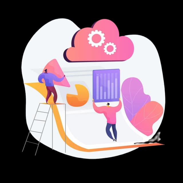 Team assembling analytics and charts under a cloud with gears, symbolizing data integration and cloud-based insights.