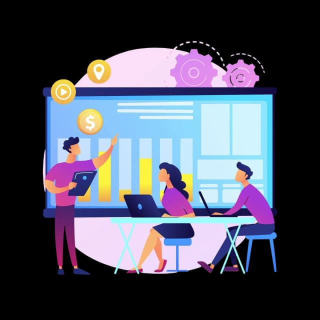 Team analyzing business data and charts on a large screen for strategy and performance planning.