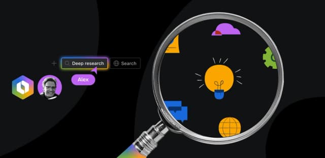Magnifying glass highlighting a glowing light bulb icon among digital elements, with a search labeled "Deep research" by a user named Alex.