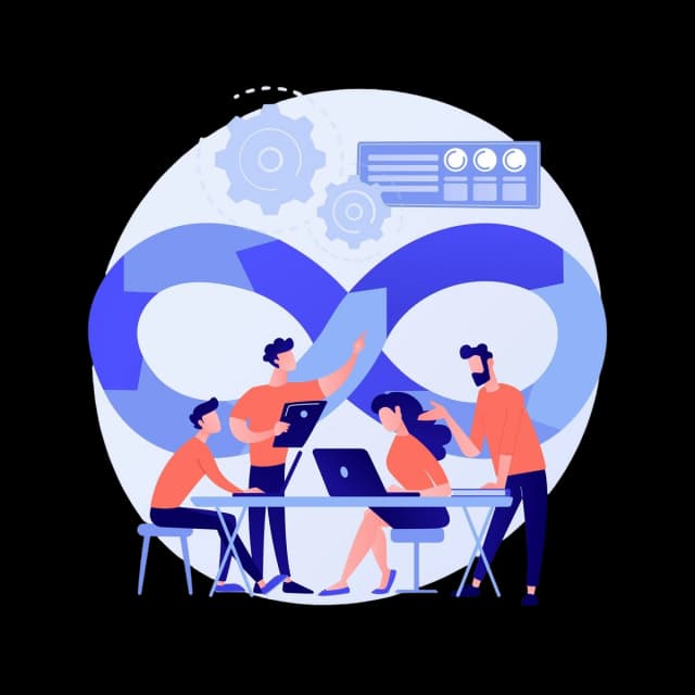 Professionals collaborating within a DevOps lifecycle, symbolizing seamless toolchain integration and automation.