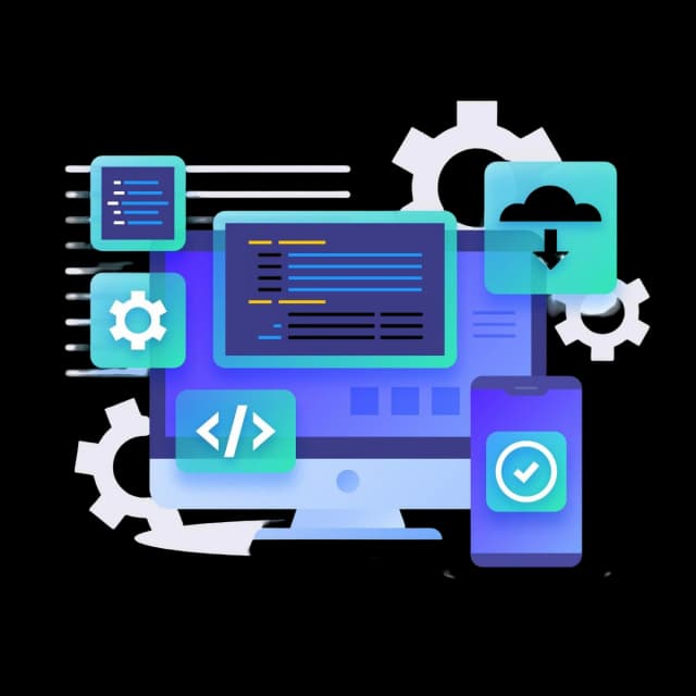 Abstract image of a computer, mobile device, and cloud icons representing developer tools and automation.