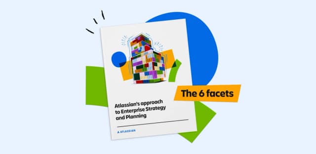 Cover of Atlassian’s "Enterprise Strategy and Planning" report with colorful building art and text: "The 6 facets".