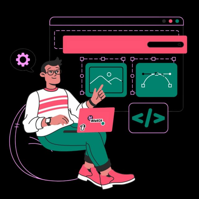 Developer creating a website interface with images, design tools, and code elements.