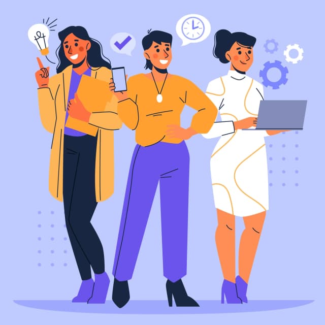 Vector illustration of three diverse professional women, one with an idea lightbulb, another with a smartphone, and the third working on a laptop, symbolizing teamwork and innovation in the workplace.