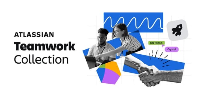 Atlassian Teamwork Collection banner featuring two people collaborating, handshake graphic, and colorful geometric shapes with text labels ‘ON TRACK’ and ‘Crystal.