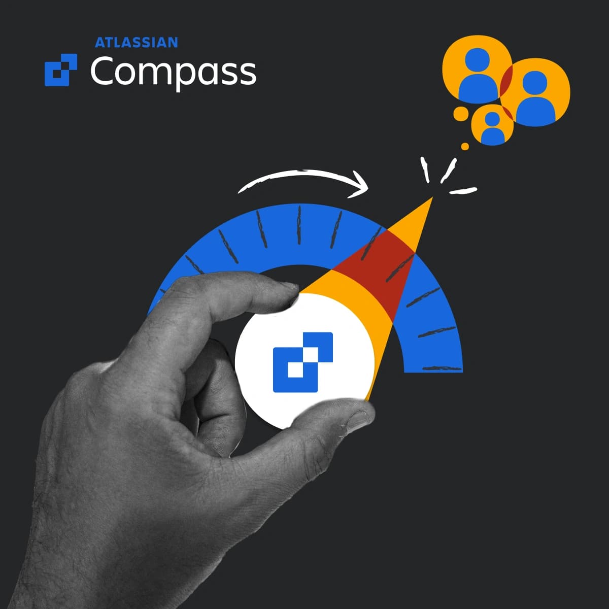 Hand turning a dial with the Atlassian Compass logo, symbolizing improved developer performance and team impact.