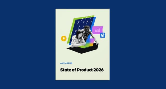 Atlassian “State of Product 2026” cover featuring two people using a laptop with colorful icons.