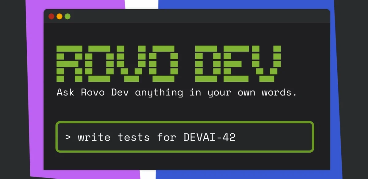 Terminal-style Rovo Dev interface with green block text reading “ROVO DEV.”