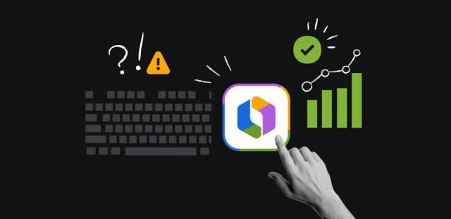 Hand pointing at AI tool icon with keyboard, warning symbol, and growth chart.