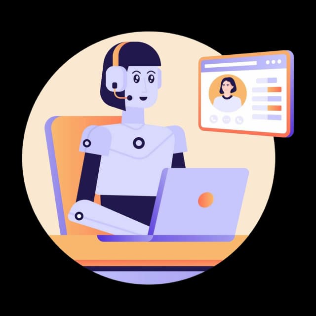 AI robot assistant at a computer with customer profile on screen