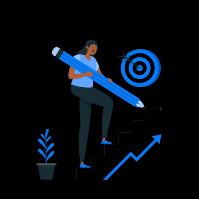 A woman holding a large pencil climbs stairs toward a target, symbolizing goal-setting and progress.