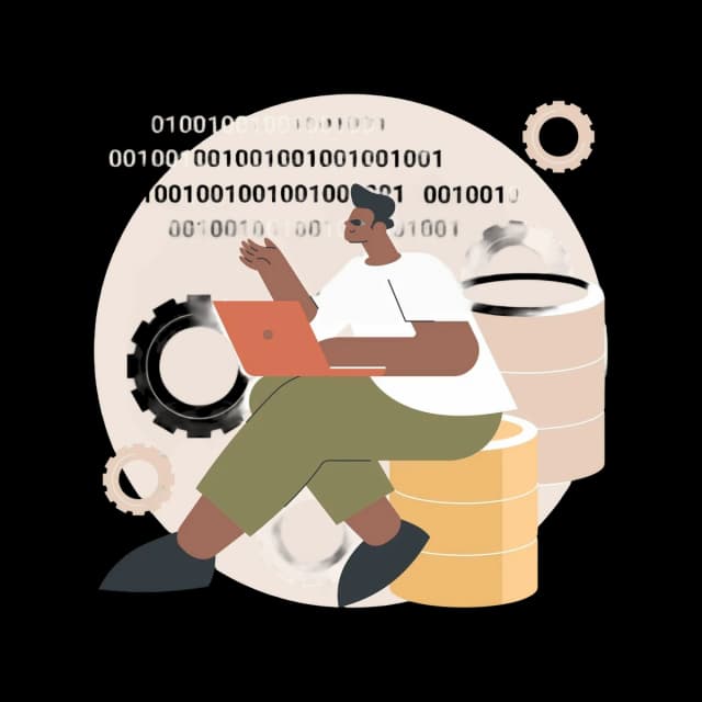 Man working on laptop with database and analyzing his usage illustration