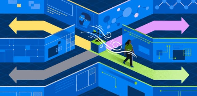 Person navigating intersecting paths with directional arrows, representing decision-making and adaptive leadership.