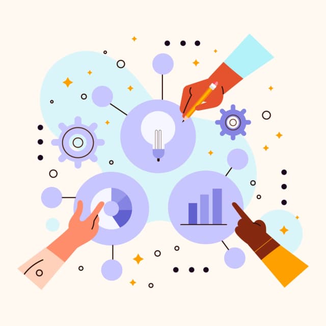 An illustration showing hands interacting with abstract elements and symbols like gears, a light bulb, and bar charts, symbolizing collaboration, brainstorming, and data analysis.