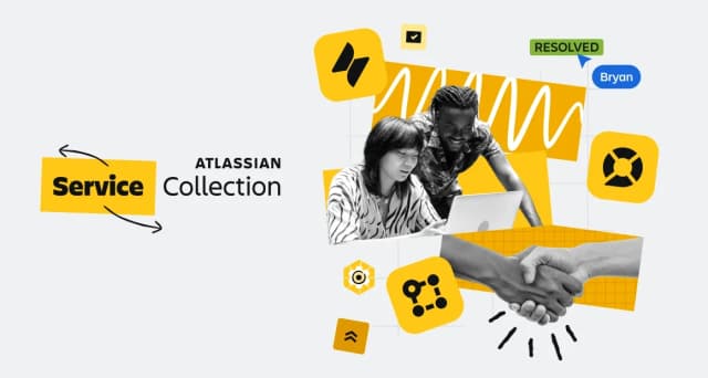 Atlassian Service Collection promotional banner with two people collaborating on a laptop.