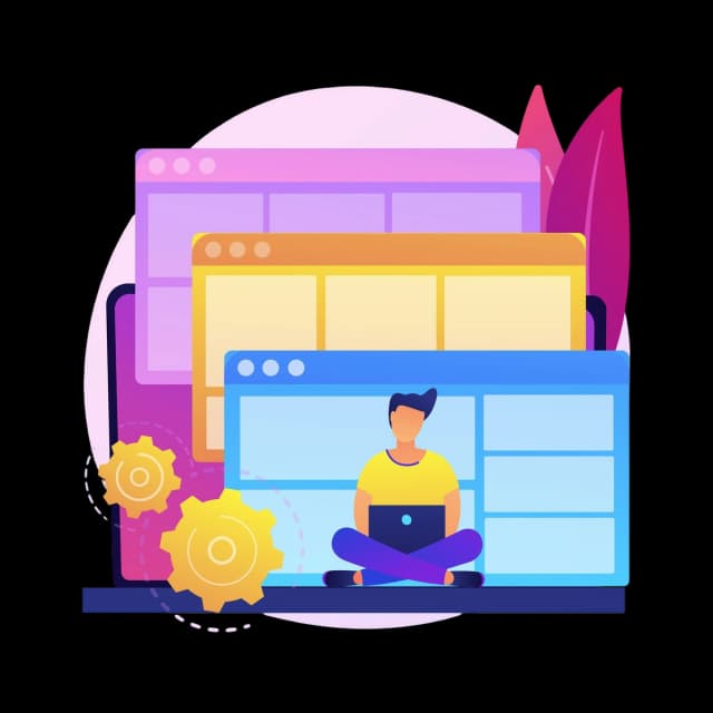 Person with laptop sits in front of layered colorful browser windows with gears, representing app migration.