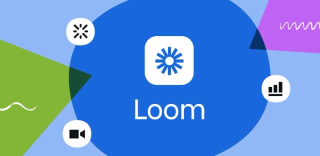 Promotional graphic for Loom with its logo, abstract shapes, and icons representing video and analytics.