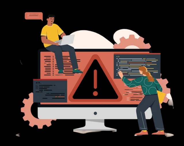 Illustration of a team analyzing errors and resolving system problems collaboratively.