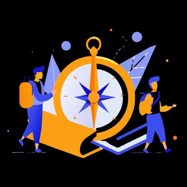 "Illustration of two people, each carrying a backpack, standing next to a large compass. The compass features a prominent blue arrow pointing north, symbolizing navigation or guidance. The color palette includes shades of blue, orange, and yellow.