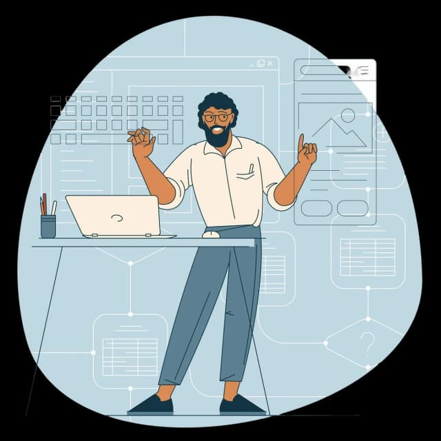 Illustration of a professional working at a desk with a laptop, surrounded by digital interface elements and data screens.