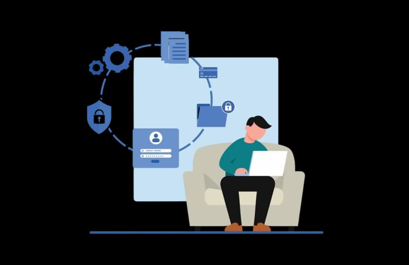 Illustration of a person sitting on a couch using a laptop, with icons showing secure files, login, and data protection around them.