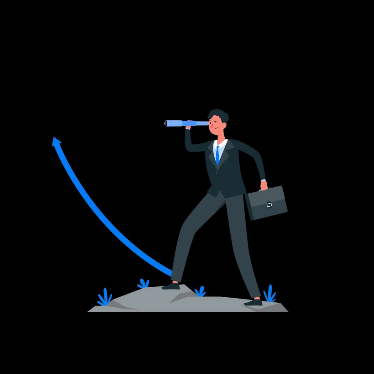 Businessman with a briefcase looking through a telescope at an upward arrow.