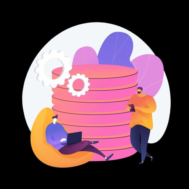 Illustration of two people working with large stacked disks representing data storage.