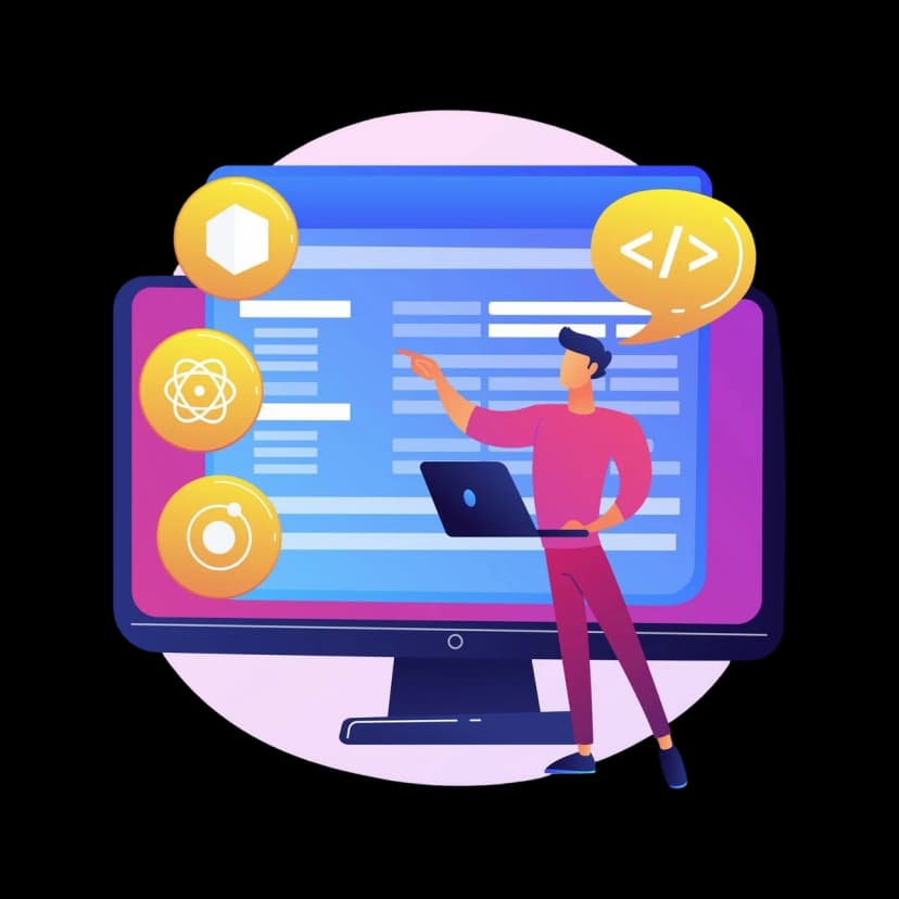 Illustration of developer coding on laptop with programming icons and large screen interface illustration.